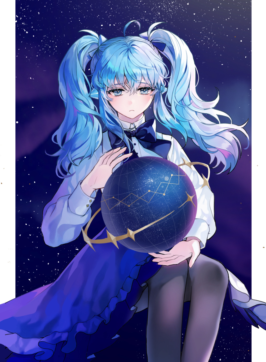 1girl, blue_eyes, blue_hair, globe, highres, long_sleeves, looking_down, lord_of_heroes, mu_(lord_of_heroes), myrpo, pale_skin, planet, skirt, sky, solo, star_(sky), star_(symbol), star_map, starry_background, starry_sky, twintails