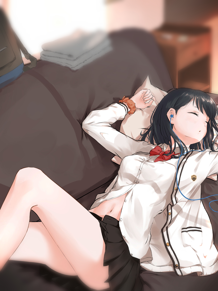 1girl, backpack, bag, bangs, bare_legs, black_hair, black_skirt, blanket, blurry, blurry_background, bow, bowtie, cardigan, closed_eyes, collarbone, collared_shirt, commentary_request, couch, drawer, dress_shirt, earphones, gridman_universe, highres, keroroxzz, long_hair, long_sleeves, lying, navel, on_back, orange_scrunchie, pillow, pleated_skirt, red_bow, red_bowtie, red_ribbon, ribbon, school_uniform, scrunchie, shirt, skirt, sleeping, ssss.gridman, straight_hair, sweater, takarada_rikka, thighs, uniform, white_cardigan, white_shirt, white_sweater, wrist_scrunchie