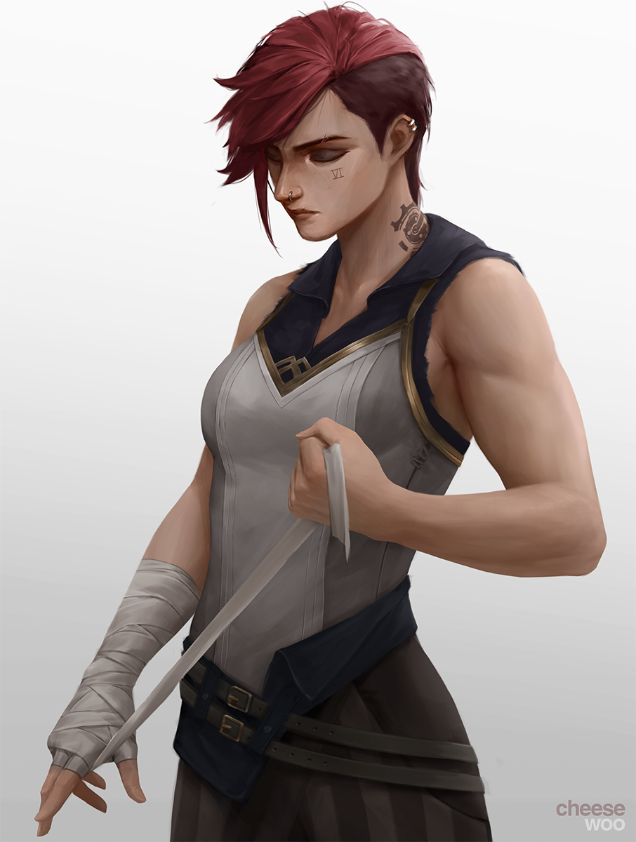 1girl, arcane:_league_of_legends, arcane_vi, artist_name, bandaged_arm, bandages, bangs, bare_arms