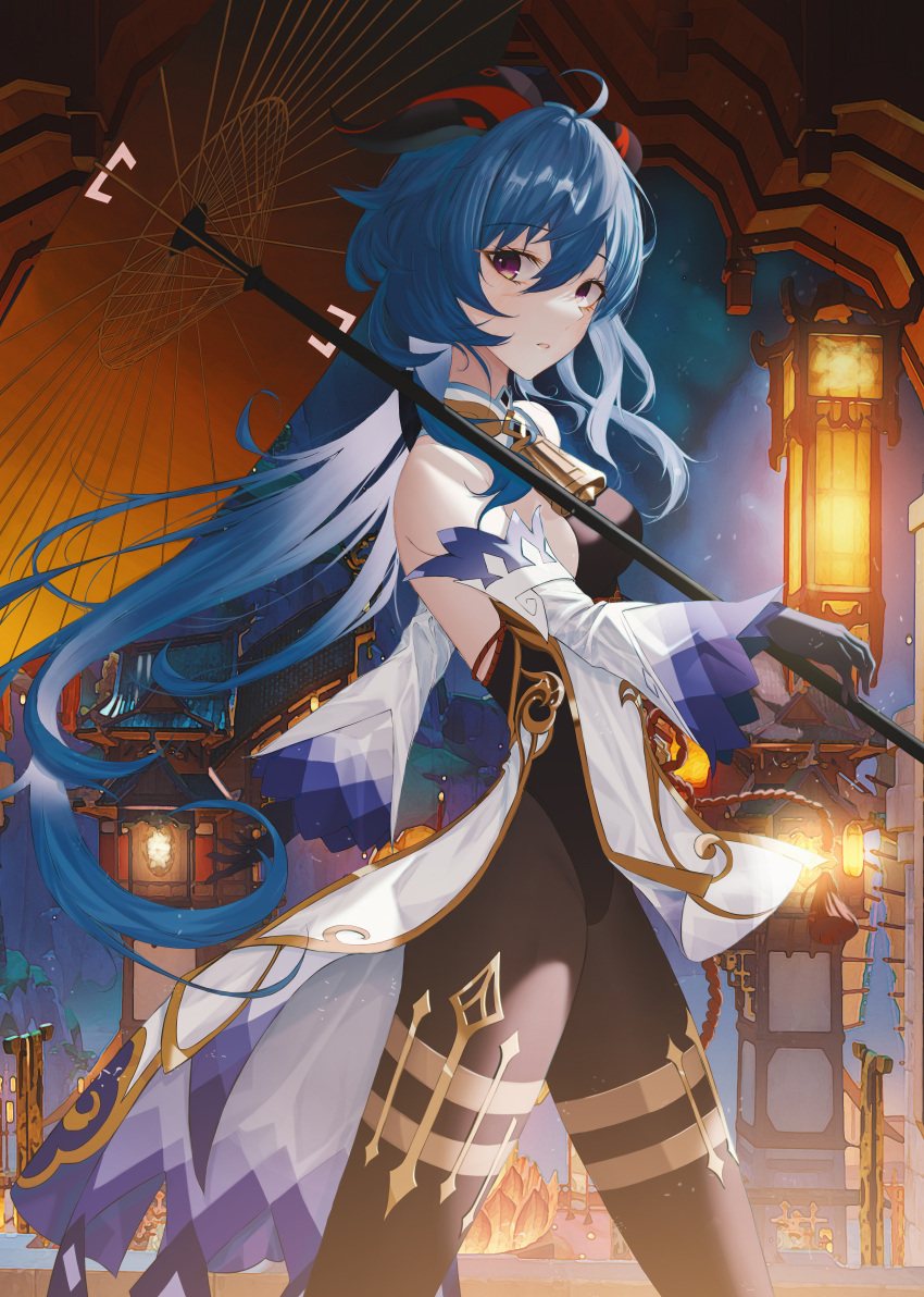 1girl, absurdres, ahoge, architecture, bangs, bare_shoulders, bell, black_gloves
