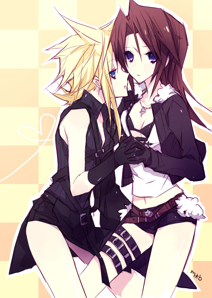 2girls, belt, black_bra, blonde_hair, blue_eyes, bra, brown_hair, cloud_strife