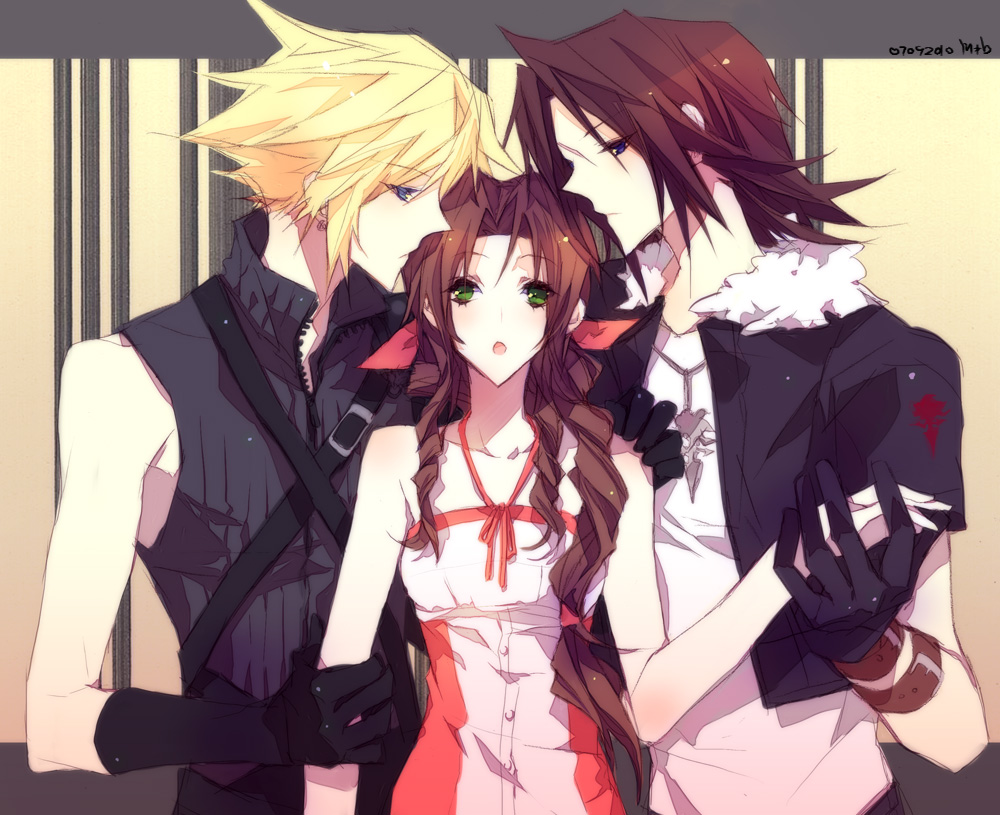 2boys, aerith_gainsborough, belt, blonde_hair, blue_eyes, brown_hair, cloud_strife, dress