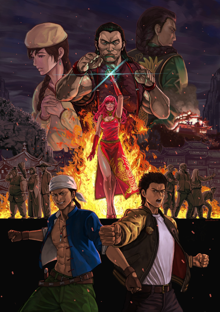 angry, blue_shirt, china_dress, chinese_clothes, clenched_hands, dress, fiery_background, fighting_stance