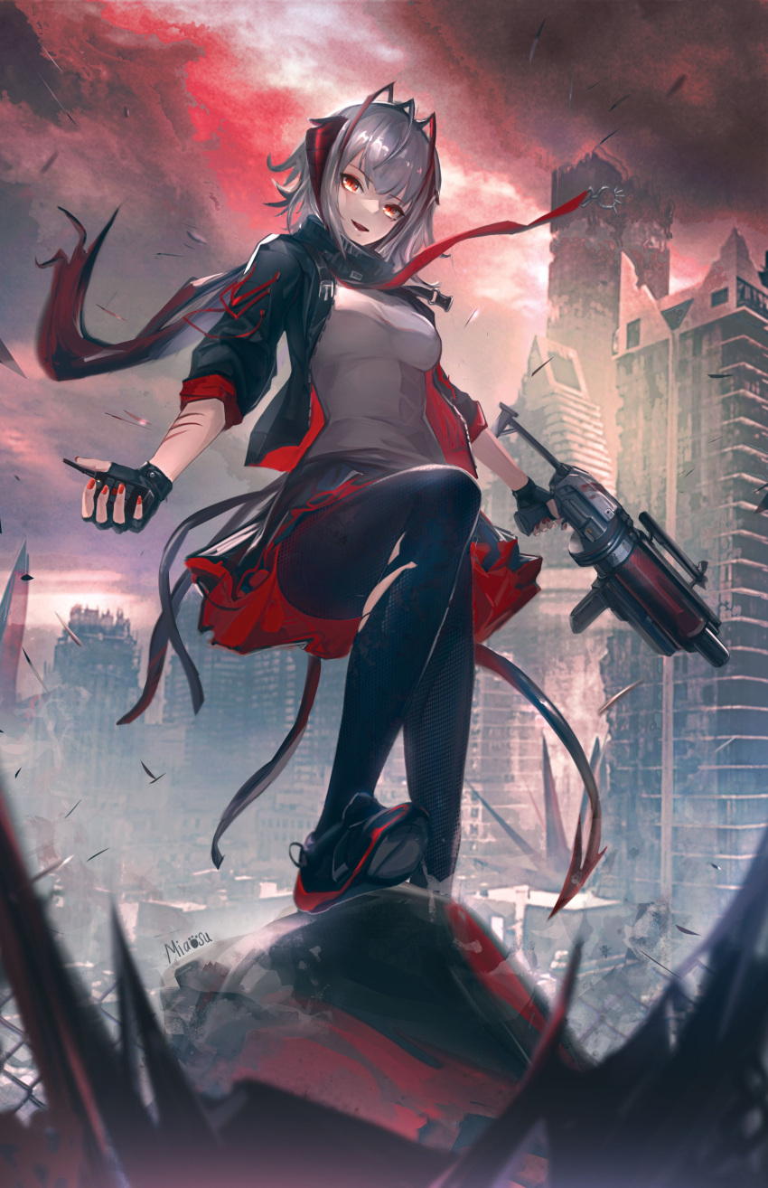 1girl, :d, absurdres, antenna_hair, arknights, black_footwear, black_gloves, black_jacket