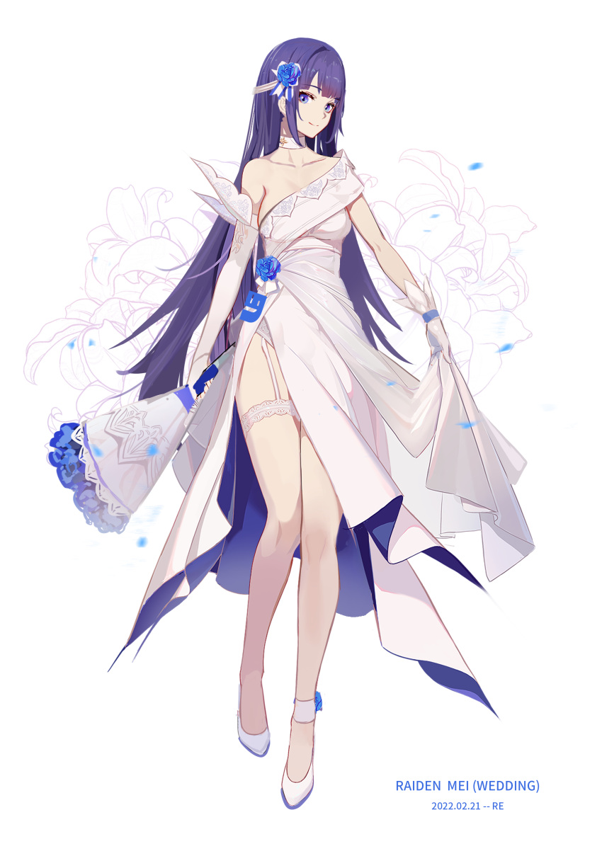 1girl, absurdres, ankle_strap, bangs, blue_flower, blue_rose, blunt_bangs, bouquet