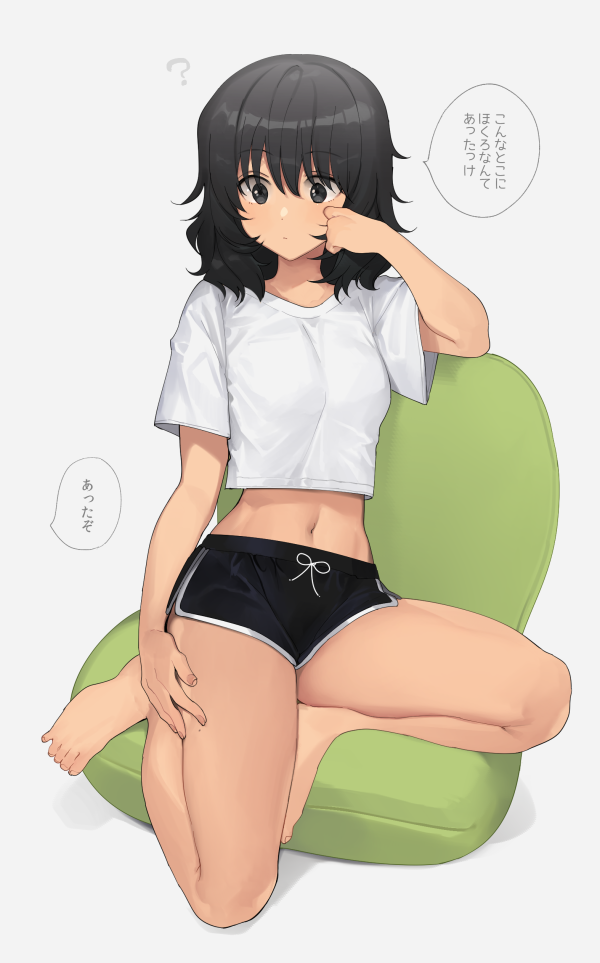 1girl, ?, andou_(girls_und_panzer), bare_legs, barefoot, black_eyes, black_hair, black_shorts, bow, crop_top, dolphin_shorts, girls_und_panzer, hair_between_eyes, legs, medium_hair, midriff, mole_on_leg, navel, shirt, short_shorts, shorts, solo, tan_(inka), translated, white_shirt