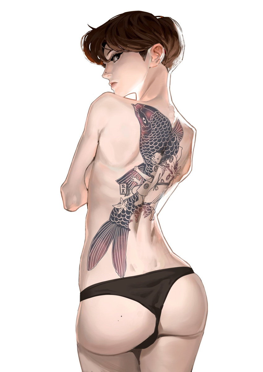 1girl, ass, back_tattoo, bangs, black_eyes, black_panties, breasts, brown_hair, commentary, cowboy_shot, english_commentary, eyelashes, fish_tattoo, from_behind, frown, hands_up, heo_sung-moo, highres, lips, looking_at_viewer, looking_back, mole_on_nose, original, panties, profile, self_hug, short_hair, sideboob, simple_background, skinny, solo, tattoo, topless, undercut, underwear, underwear_only, white_background
