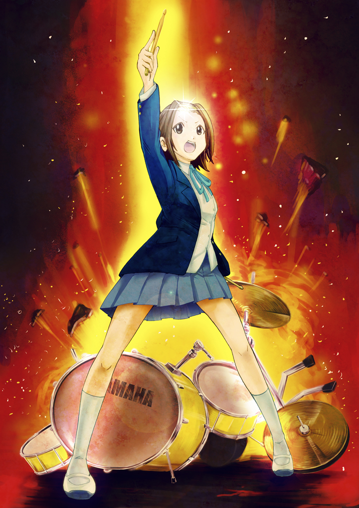 brown_eyes, brown_hair, drum, drum_set, drumsticks, forehead, gundam, hairband