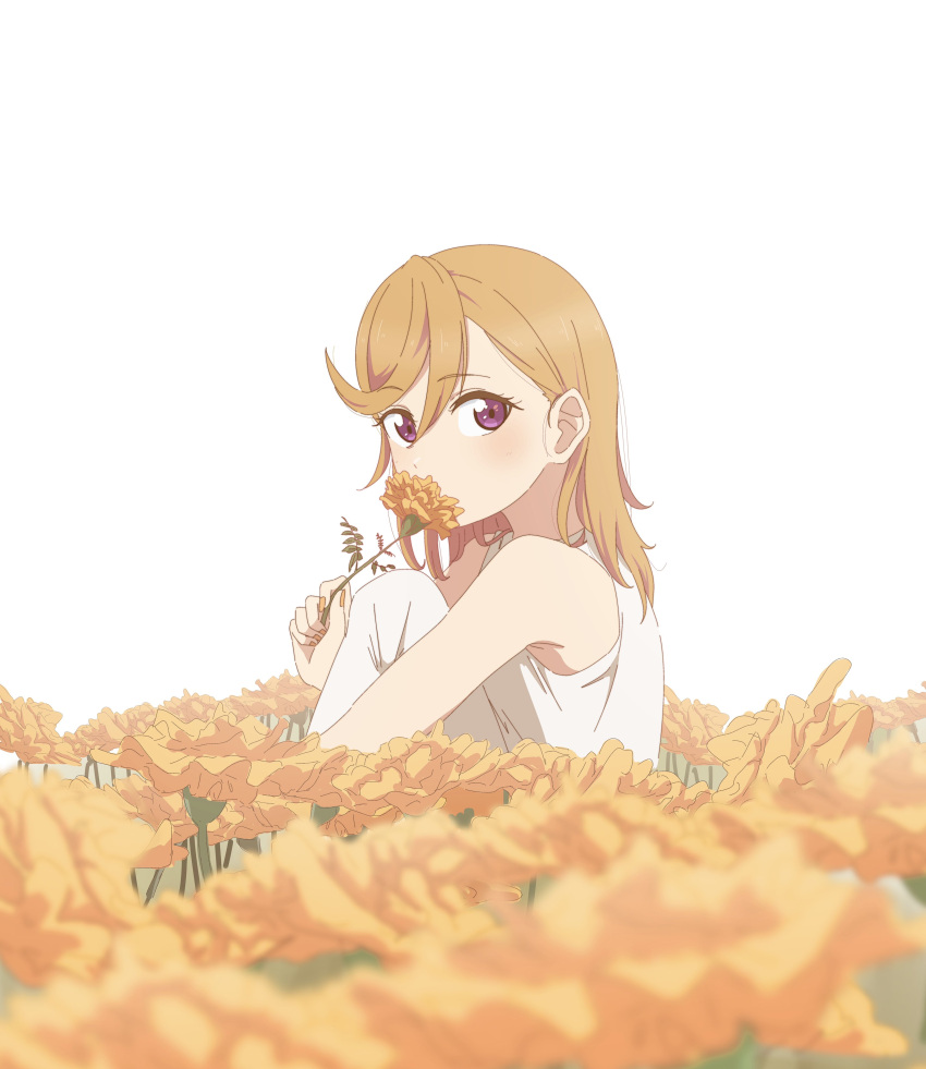 1girl, absurdres, blush, covered_mouth, dress, flower, fujimiz, hand_up, highres, holding, holding_flower, holding_plant, looking_at_viewer, love_live!, love_live!_superstar!!, nail_polish, orange_flower, orange_hair, orange_nails, plant, shibuya_kanon, short_hair, sitting, solo, sundress, violet_eyes, white_dress