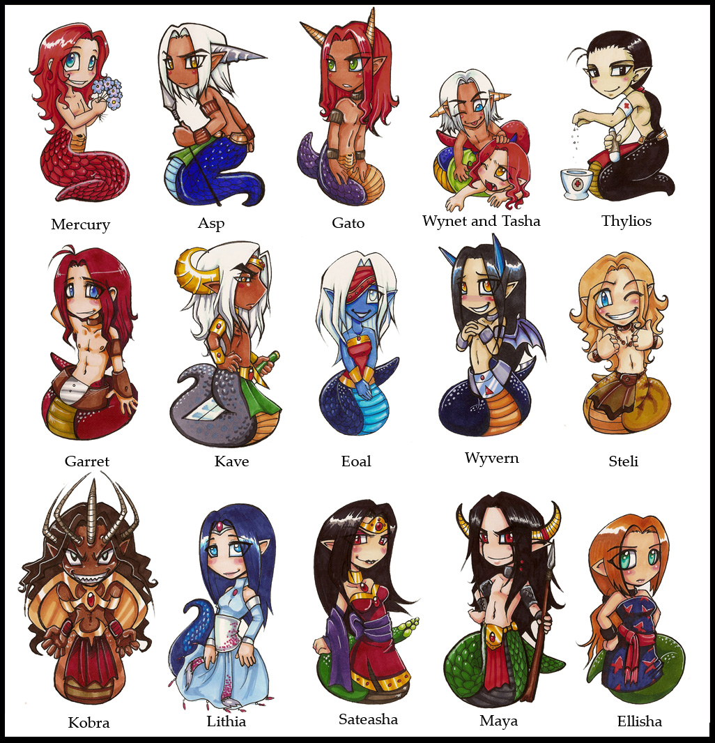 blue_skin, brown_hair, dark_skin, elf_ears, horns, lamia, male, monster_boy, monster_girl, original, pale_skin, redhead, snake, tan, white_hair