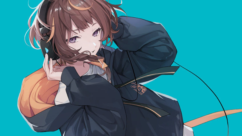 1girl, anya_melfissa, black_jacket, blue_background, braid, brown_hair, english_commentary, flat_chest