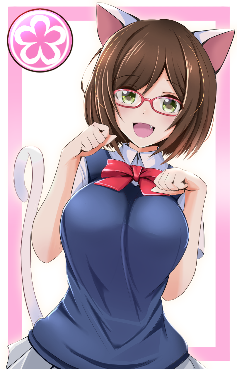 1girl, :d, animal_ears, blue_vest, blush, bow, bowtie, breasts