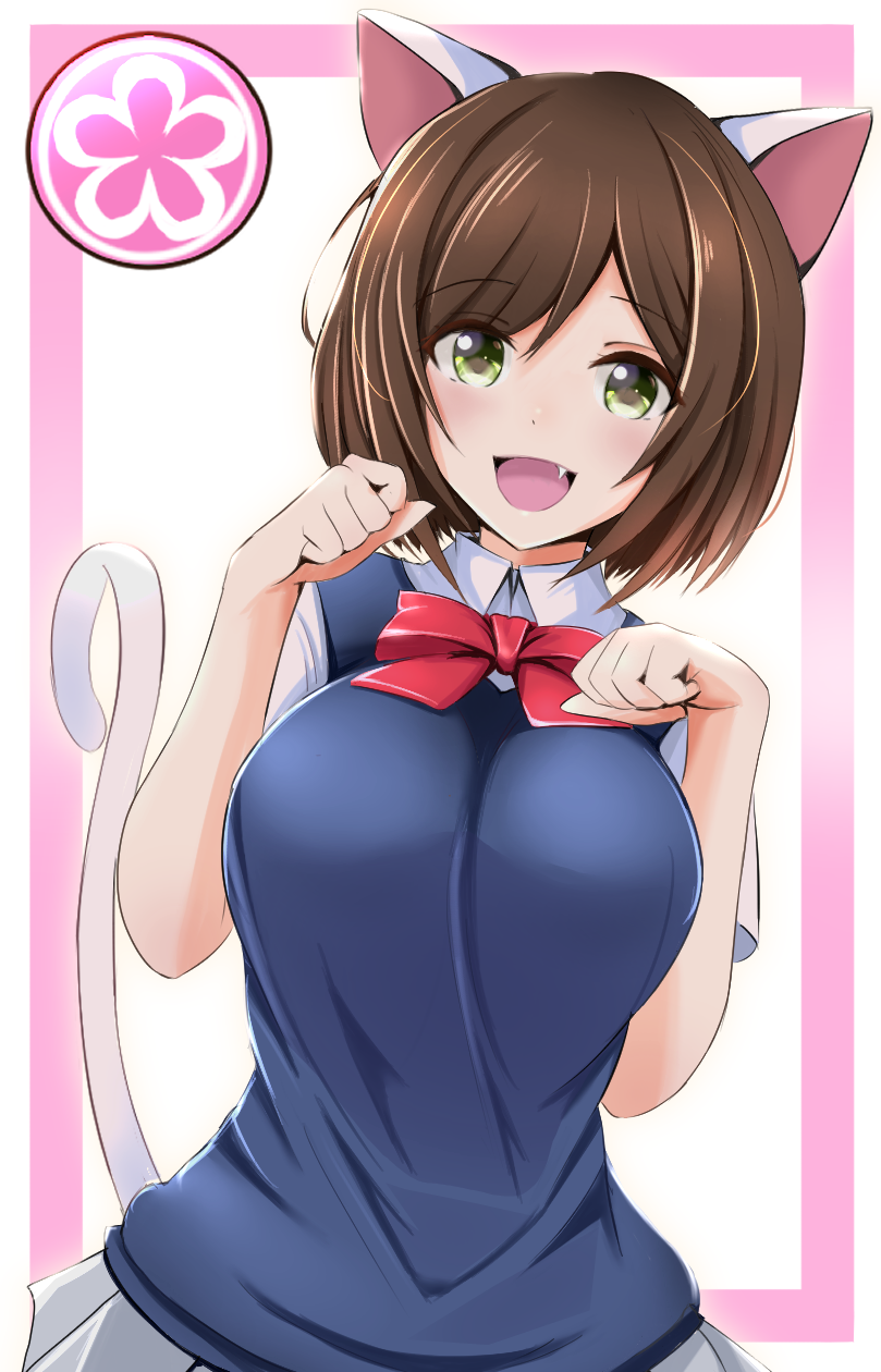 1girl, :d, animal_ears, blue_vest, blush, bow, bowtie, breasts