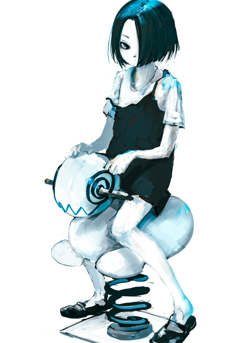 1girl, black_dress, black_eyes, black_footwear, blue_hair, closed_mouth, dress, hair_over_one_eye, highres, monochrome, okb0803, original, riding, short_hair, simple_background, sitting, sketch, solo, white_background