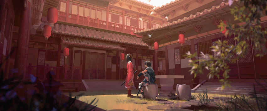 2boys, architecture, arm_wrap, bird, black_hair, blurry, boots, branch