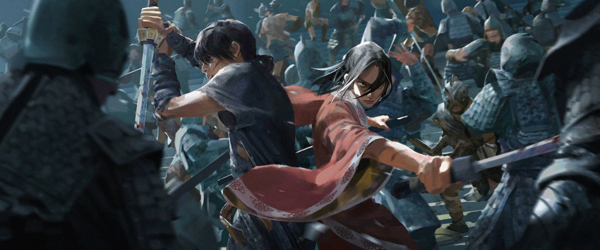 2boys, arm_wrap, armor, back-to-back, bangs, battle, battlefield, black_hair