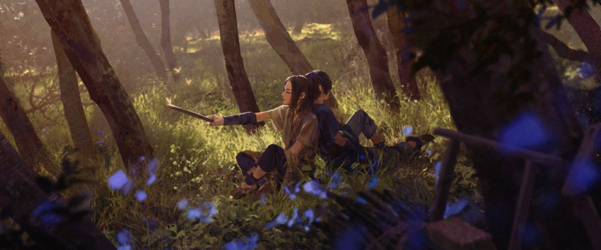 2boys, arm_wrap, back-to-back, black_hair, blue_flower, brown_hair, character_request, chenalii