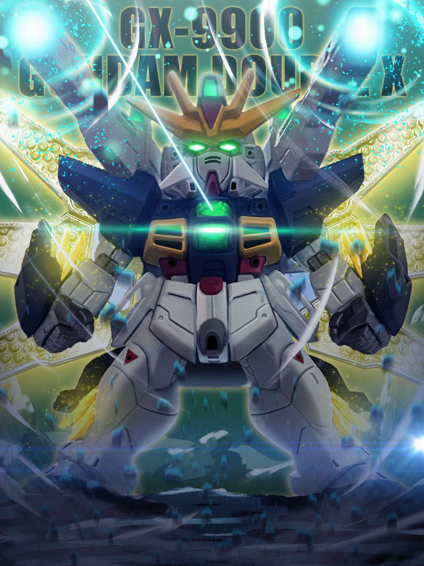after_war_gundam_x, character_name, chibi, clenched_hands, glowing, glowing_eyes, green_eyes, gundam