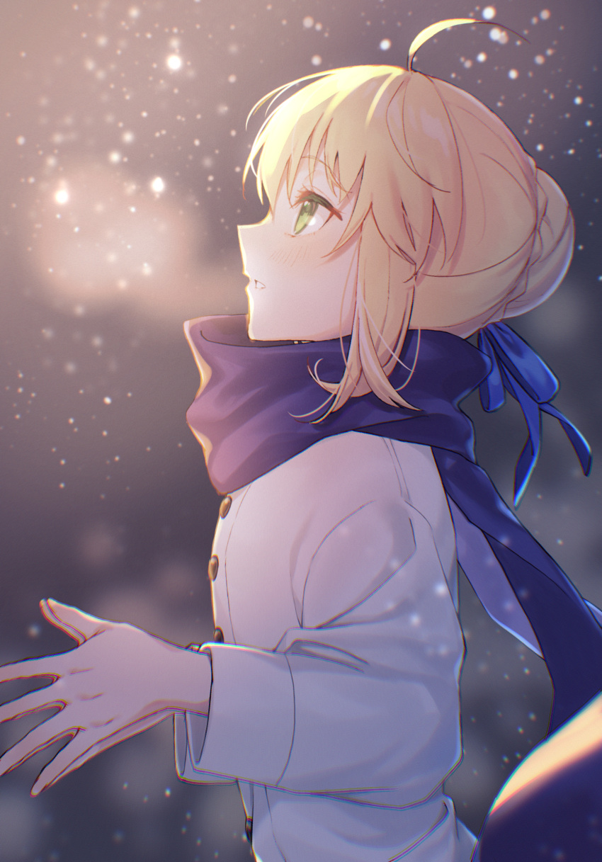 1girl, ahoge, artoria_pendragon_(fate), blonde_hair, blue_coat, blue_ribbon, blue_scarf, braid, braided_bun, coat, fate/stay_night, fate_(series), from_side, green_eyes, hair_ribbon, highres, looking_up, machi_futo, parted_lips, profile, ribbon, saber, scarf, shiny, shiny_hair, short_hair, solo, upper_body, winter_clothes, winter_coat