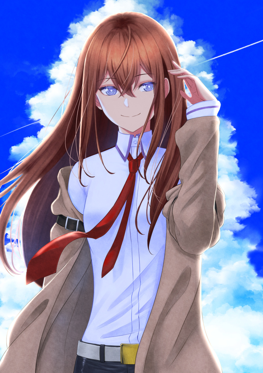 1girl, bangs, belt, blue_eyes, blue_sky, brown_hair, closed_mouth, clouds