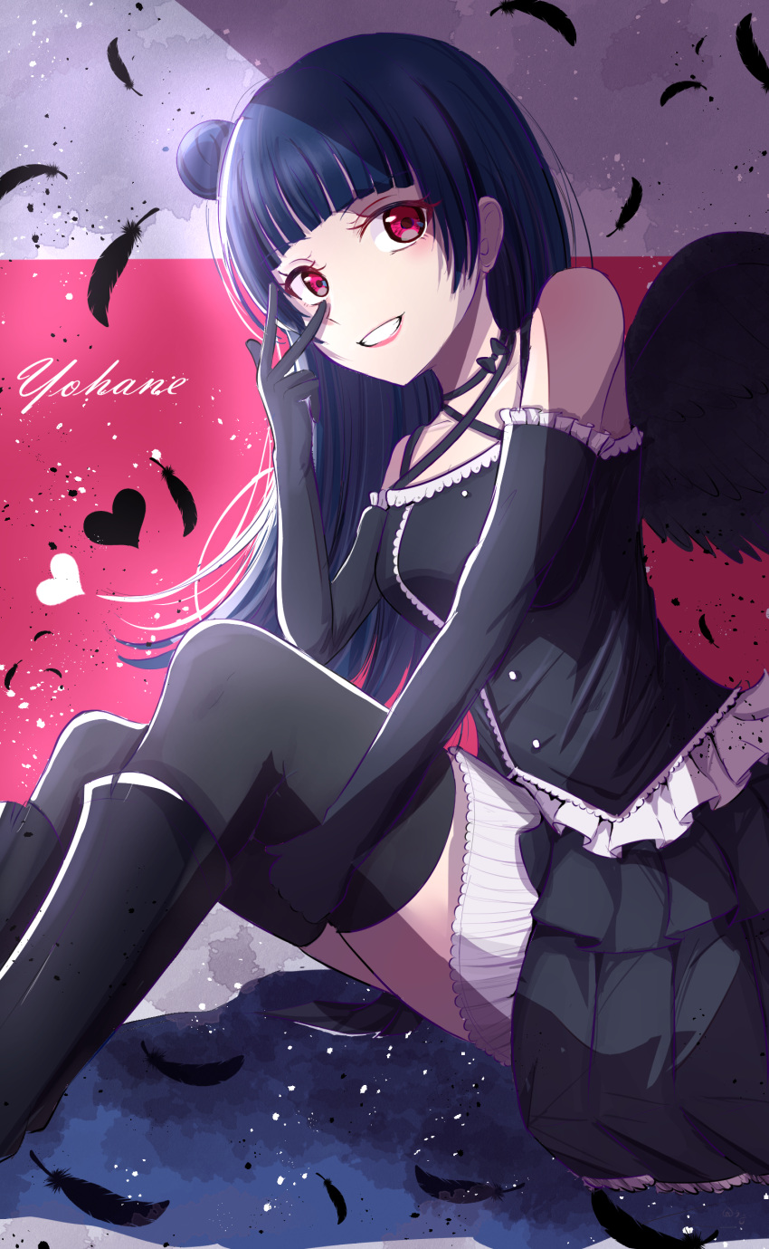 1girl, absurdres, bangs, black_feathers, black_footwear, black_gloves, black_hair, black_legwear, black_shirt, black_skirt, blunt_bangs, boots, character_name, collarbone, gloves, grin, hair_bun, highres, hogetdhoge, knee_boots, layered_skirt, long_hair, looking_at_viewer, love_live!, love_live!_sunshine!!, miniskirt, pleated_skirt, red_eyes, shiny, shiny_hair, shirt, sitting, skirt, smile, solo, thigh-highs, tsushima_yoshiko, two-tone_skirt, white_skirt, wings, zettai_ryouiki