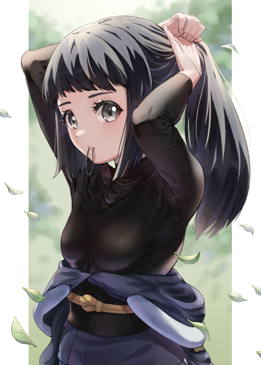 1girl, absurdres, akari_(pokemon), arms_up, black_hair, black_shirt, breasts, grey_eyes