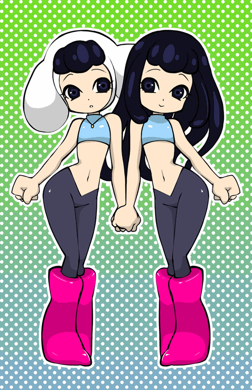 blue_hair, boots, chroniko, dual_persona, hand_holding, holding_hands, hood, jewelry