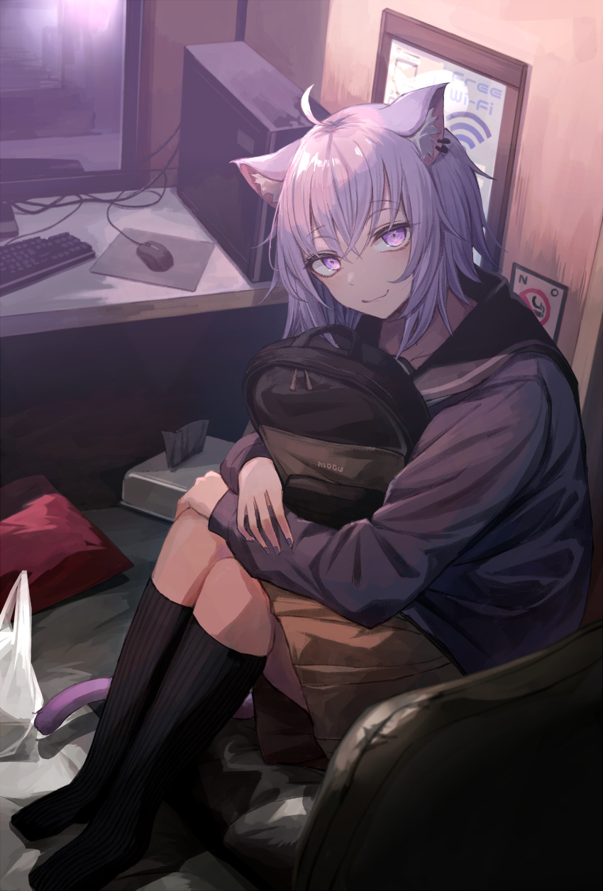 1girl, absurdres, ahoge, animal_ears, backpack, backpack_removed, bag, black_legwear, black_sailor_collar, brown_skirt, cat_ears, cat_girl, cat_tail, closed_mouth, commentary, computer, ear_piercing, full_body, highres, hololive, indoors, internet_cafe, kneehighs, looking_at_viewer, miyabino_(miyabi1616), monitor, mouse_(computer), nekomata_okayu, on_chair, piercing, purple_hair, purple_shirt, revision, sailor_collar, school_uniform, serafuku, shirt, short_hair, sitting, skirt, smile, solo, tail, tissue_box, violet_eyes, virtual_youtuber, wifi_symbol