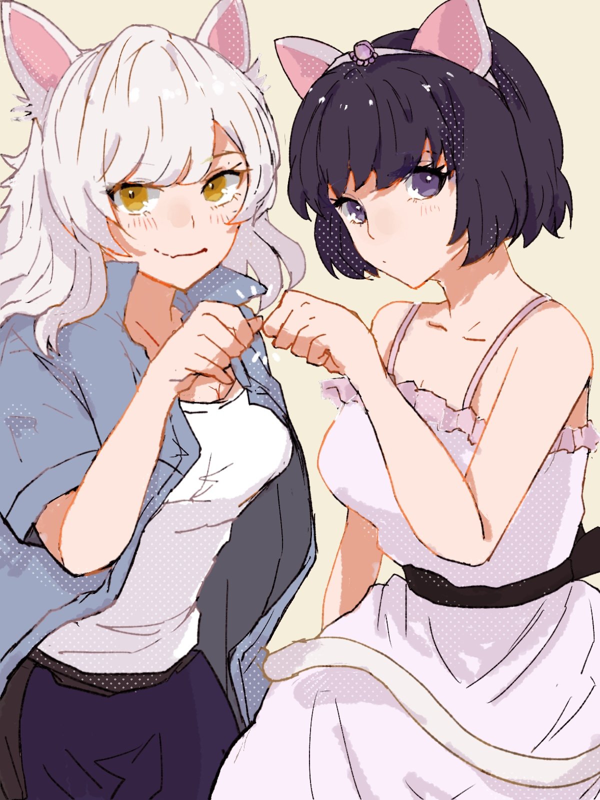 2girls, animal_ears, bakemonogatari, bakeneko, bangs, bare_shoulders, black_hair, black_hanekawa