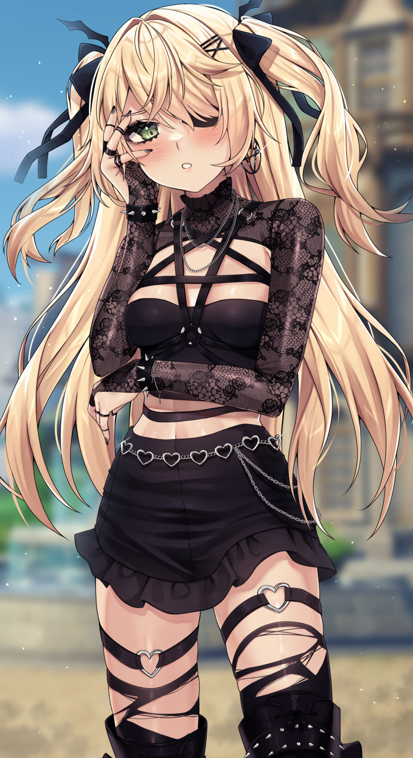 1girl, absurdres, bangs, black_legwear, black_nails, black_ribbon, black_skirt, blonde_hair