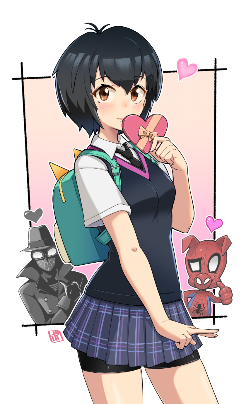 1girl, 2boys, backpack, bag, bike_shorts, bike_shorts_under_skirt, black_hair, blush