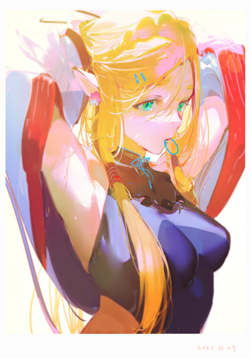 1girl, absurdres, alternate_costume, armpits, arms_up, bangs, blonde_hair, blue_bodysuit