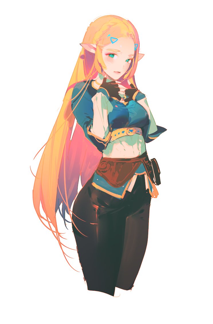 1girl, aqua_eyes, bangs, belt_pouch, black_gloves, black_pants, blonde_hair, blue_shirt