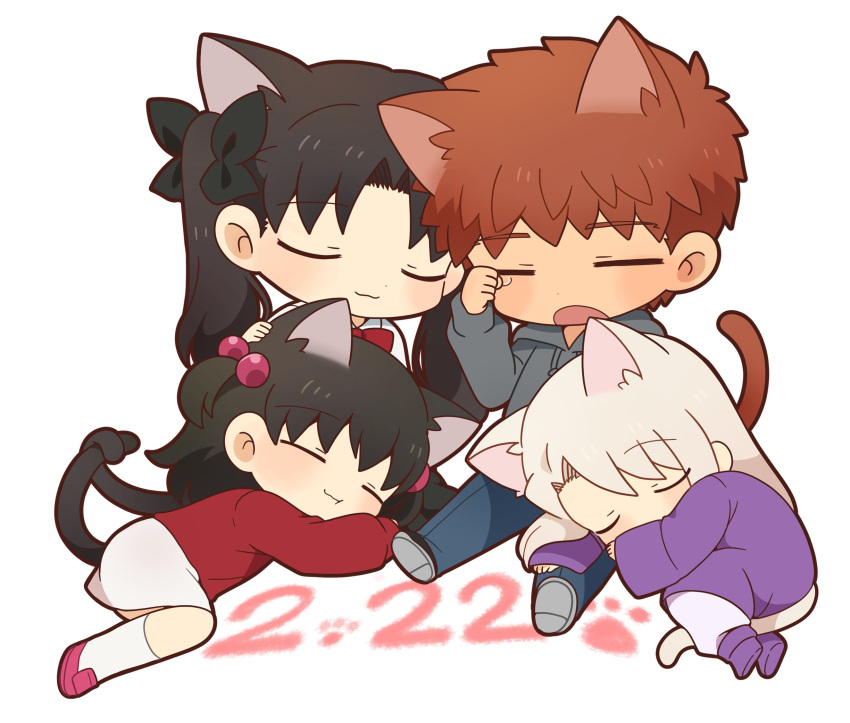 1boy, 3girls, animal_ears, black_hair, cat_ears, closed_eyes, emiya_shirou, fate/stay_night, fate_(series), highres, illyasviel_von_einzbern, matou_sakura, multiple_girls, redhead, skirt, sleeping, sleepy, tail, tohsaka_rin, tohsaka_sakura, tsubuta_hiro, twintails, white_background, white_hair, white_skirt
