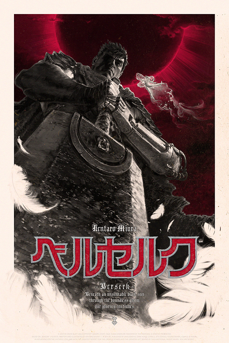2boys, armor, berserk, black_cape, cape, closed_mouth, copyright_name, cowboy_shot
