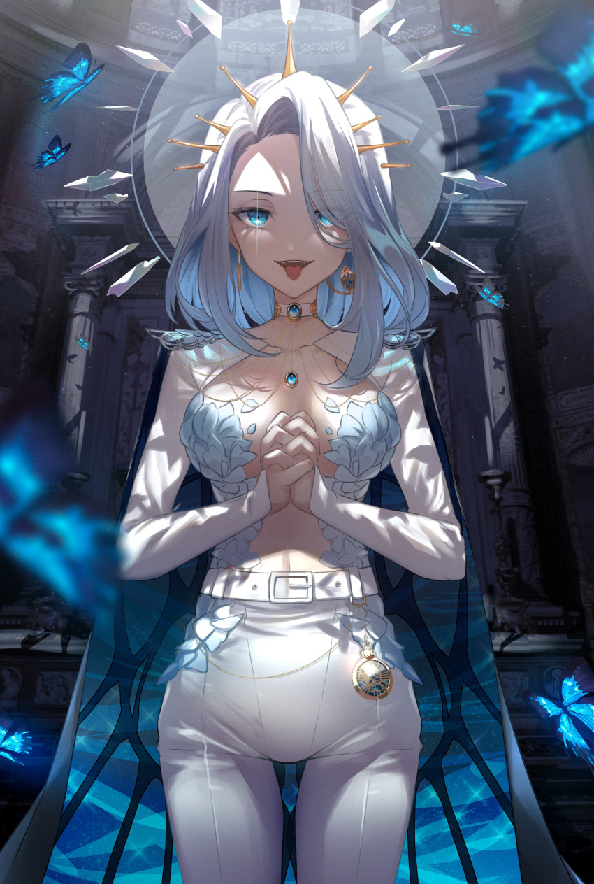 1girl, absurdres, belt, blue_butterfly, blue_cape, blue_eyes, blue_hair, breasts