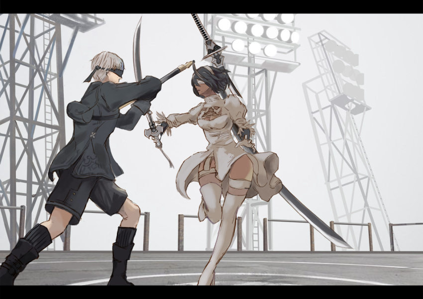 1boy, 1girl, alternate_color, alternate_skin_color, arena, battle, black_blindfold, black_gloves
