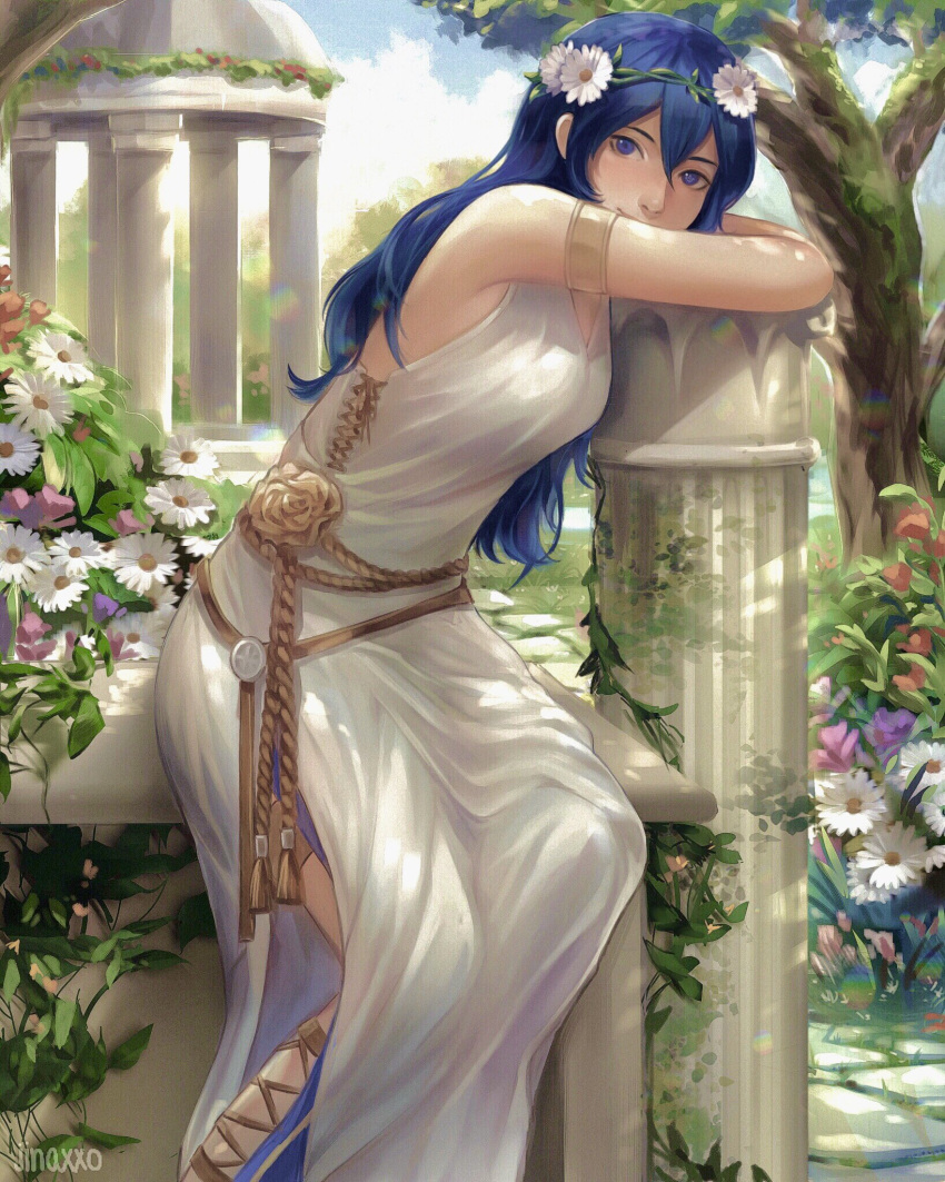 1girl, armlet, artist_name, bangs, blue_eyes, blue_hair, dress, fire_emblem, fire_emblem_awakening, fire_emblem_heroes, flower, hair_between_eyes, hair_flower, hair_ornament, highres, jinaxxo, long_hair, looking_at_viewer, lucina_(fire_emblem), official_alternate_costume, outdoors, sitting, sleeveless, sleeveless_dress, solo, symbol-shaped_pupils, symbol_in_eye, tree, white_dress