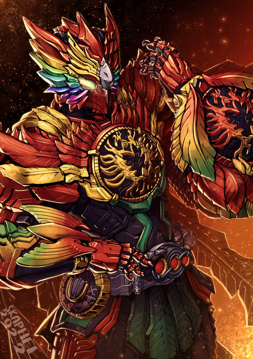 1boy, armor, belt, bird, cell_medal, core_medal, feathered_wings, feathers