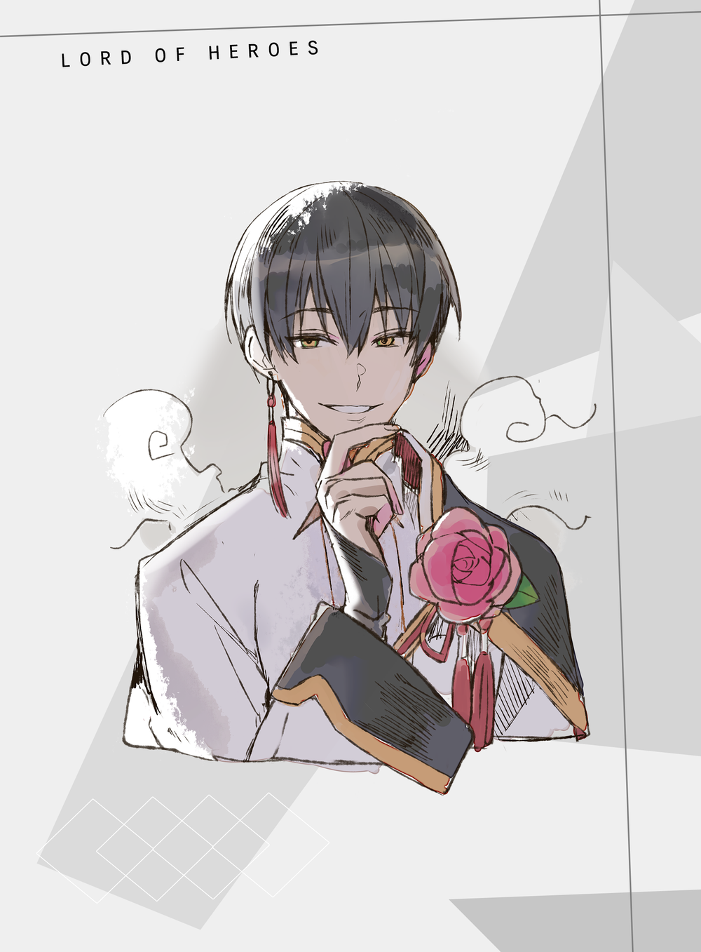 1boy, black_hair, clover_games, earrings, flower, formal, hand_on_own_chin, highres