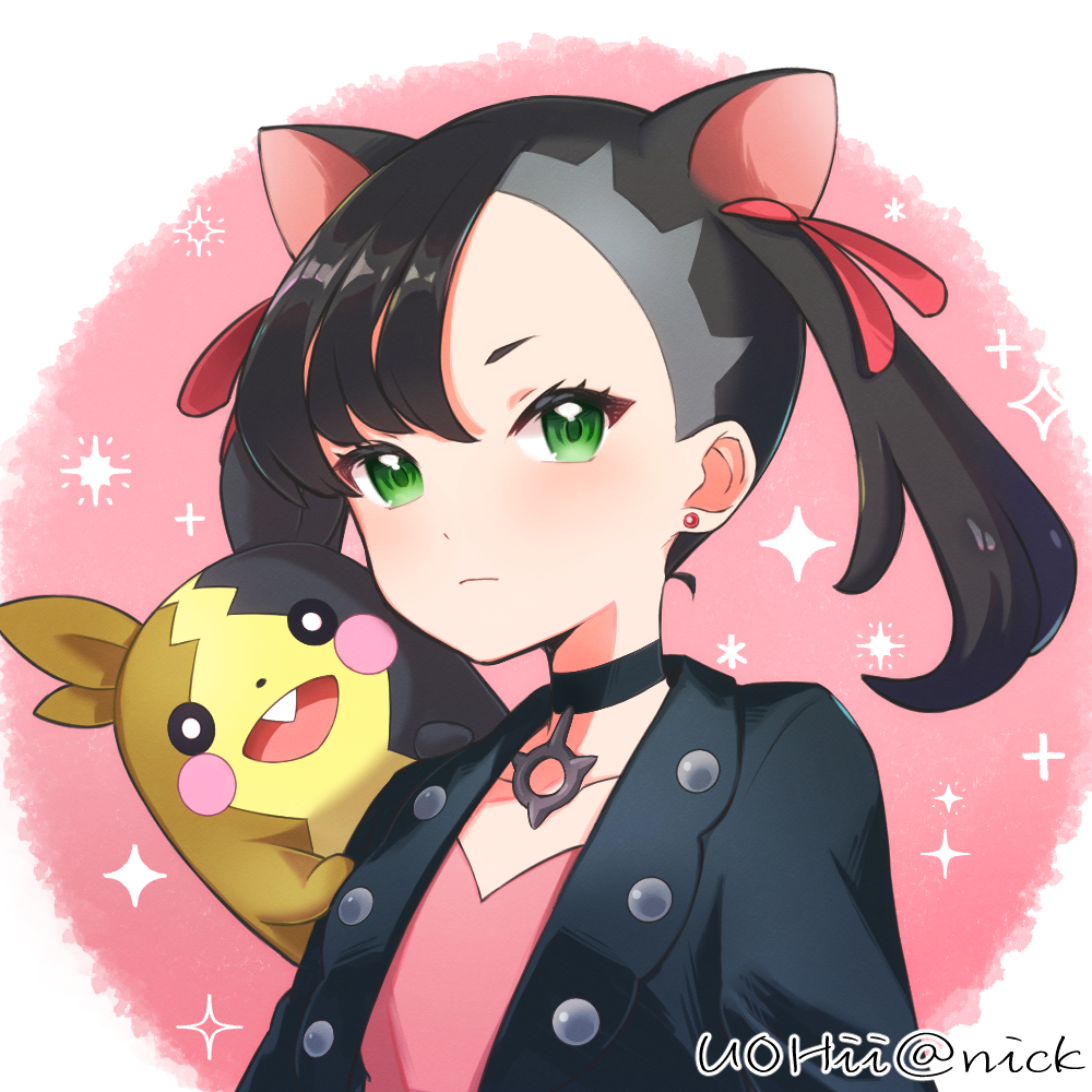 1girl, animal_ears, asymmetrical_bangs, bangs, black_choker, black_hair, black_jacket, blush, choker, closed_mouth, collarbone, commentary_request, dress, earrings, eyelashes, green_eyes, hair_ribbon, jacket, jewelry, marnie_(pokemon), morpeko, morpeko_(full), nikku(user_grkf3753), open_clothes, open_jacket, pink_dress, pokemon, pokemon_(creature), pokemon_(game), pokemon_swsh, red_ribbon, ribbon, sparkle, twintails