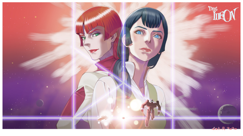 2girls, back-to-back, blue_eyes, blue_hair, dahlia_(wvya4344), densetsu_kyojin_ideon, earrings, green_eyes