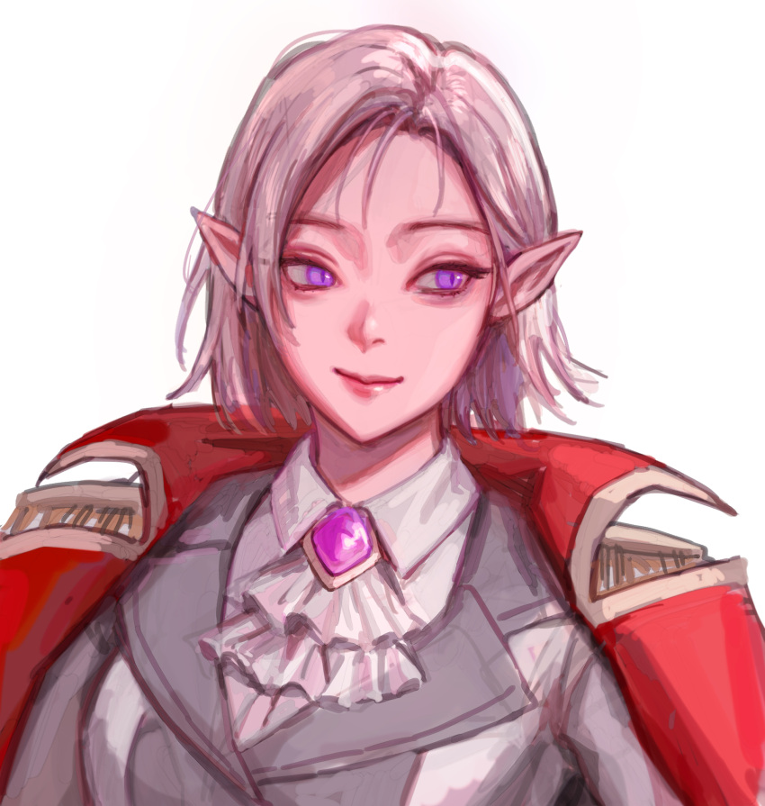 1girl, breasts, cape, highres, large_breasts, looking_to_the_side, lord_of_heroes, lucilicca_la-elaya, pale_skin, pink_hair, pointy_ears, short_hair, smile, soomin8879, violet_eyes, white_background