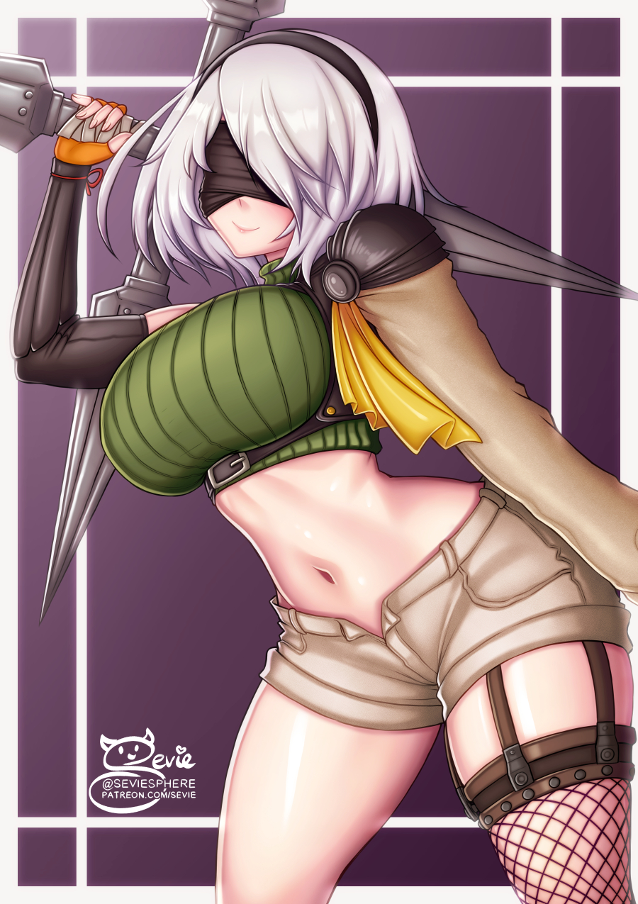 1girl, black_blindfold, black_hairband, blindfold, cosplay, final_fantasy, final_fantasy_vii, fingerless_gloves