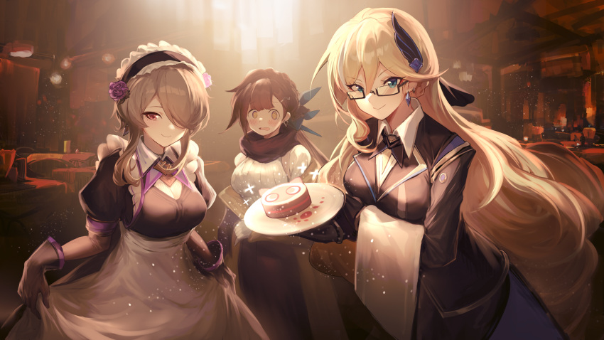 3girls, bianka_durandal_ataegina, blonde_hair, blue_eyes, bow, dress, durandal_(tales), formal, glasses, gloves, hair_bow, hair_ornament, highres, honkai_(series), honkai_impact_3rd, jell_(jell_y_fish), li_sushang, maid, multiple_girls, red_eyes, redhead, rita_rossweisse, suit, tagme, uniform