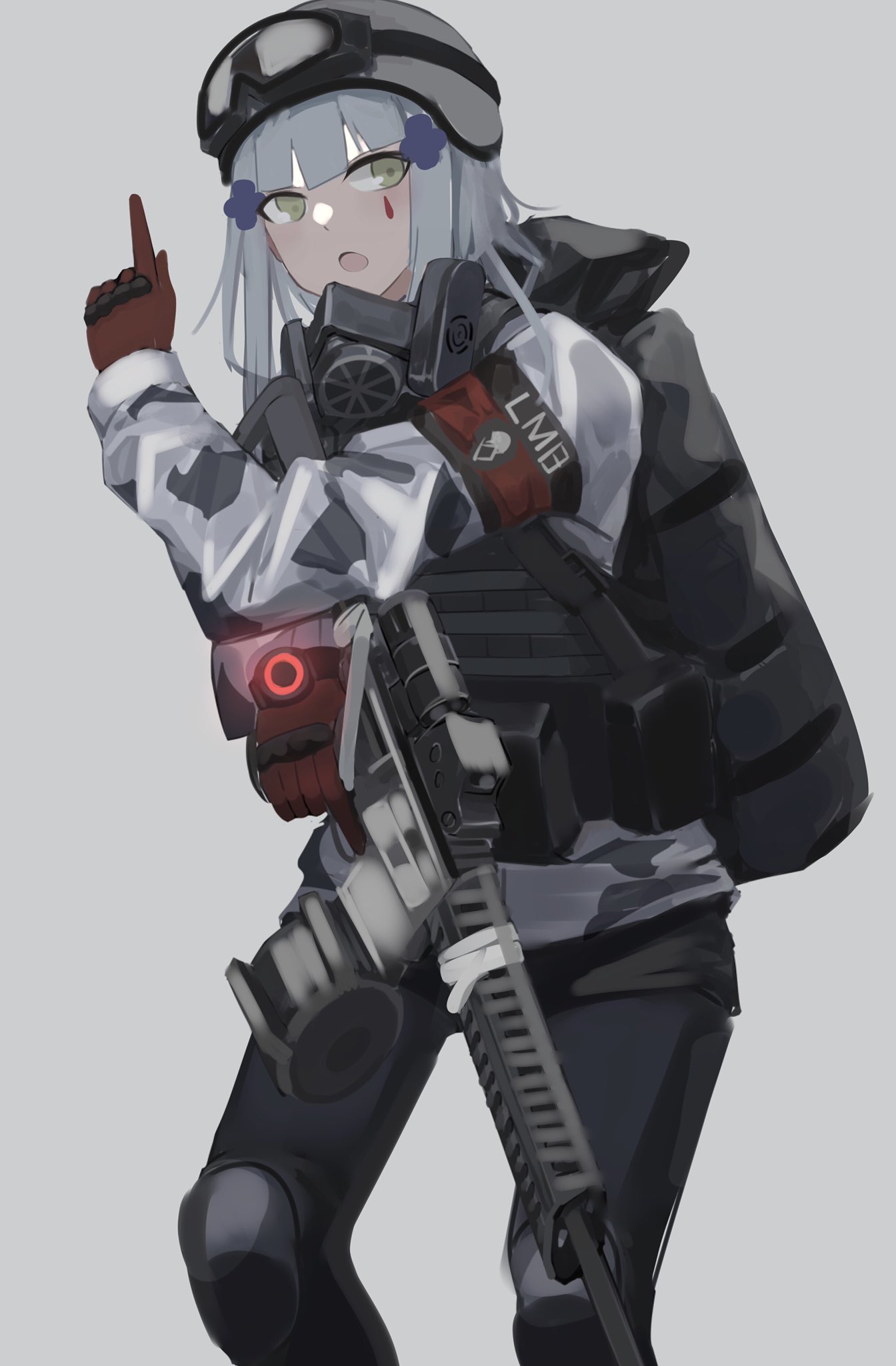 1girl, armor, assault_rifle, bag, bangs, chcn, facial_mark, girls_frontline, gloves, goggles, goggles_on_headwear, green_eyes, gun, h&amp;k_hk416, hair_ornament, hat, helmet, highres, hk416_(fang)_(girls'_frontline), hk416_(girls'_frontline), holding, holding_gun, holding_weapon, jacket, long_hair, mask, p416, pantyhose, red_gloves, respirator, rifle, silver_hair, solo, tom_clancy's_the_division, uniform, weapon, winter_uniform
