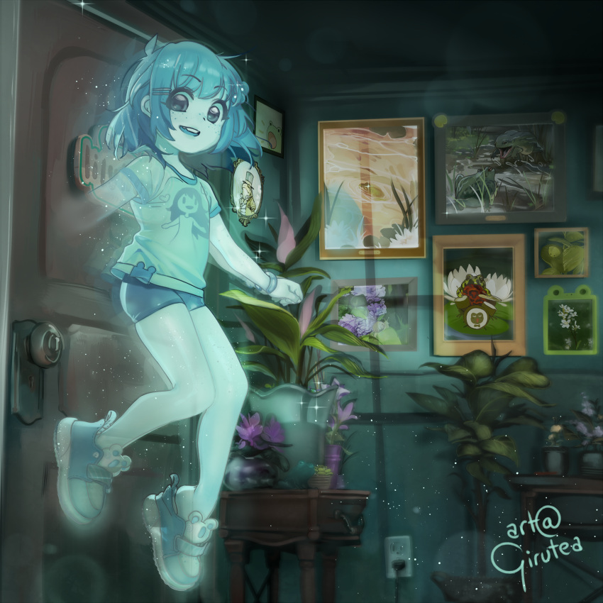1girl, artist_name, bangle, bangs, bracelet, character_name, chipped_tooth, door
