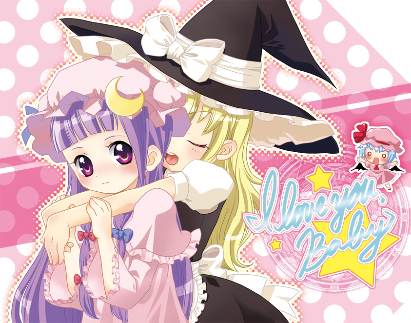 blush, chibi, closed_eyes, english, hat, hug, kirisame_marisa, multiple_girls