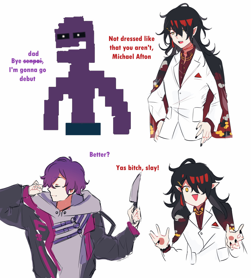 3boys, absurdres, bangs, black_hair, black_jacket, black_kimono, black_nails, closed_eyes, collared_shirt, colored_skin, eyeshadow, five_nights_at_freddy's, grey_hoodie, hand_on_hip, highres, holding, holding_knife, hood, hoodie, jacket, japanese_clothes, kimono, kimono_on_shoulders, knife, makeup, male_focus, meme, michael_afton, minome, multicolored_hair, multiple_boys, nijisanji, nijisanji_en, open_hands, open_mouth, purple_hair, purple_skin, red_eyeshadow, red_shirt, redhead, shirt, sketch, smile, streaked_hair, uki_violeta, virtual_youtuber, vox_akuma, white_jacket, yas_bitch_slay_(meme), yellow_background