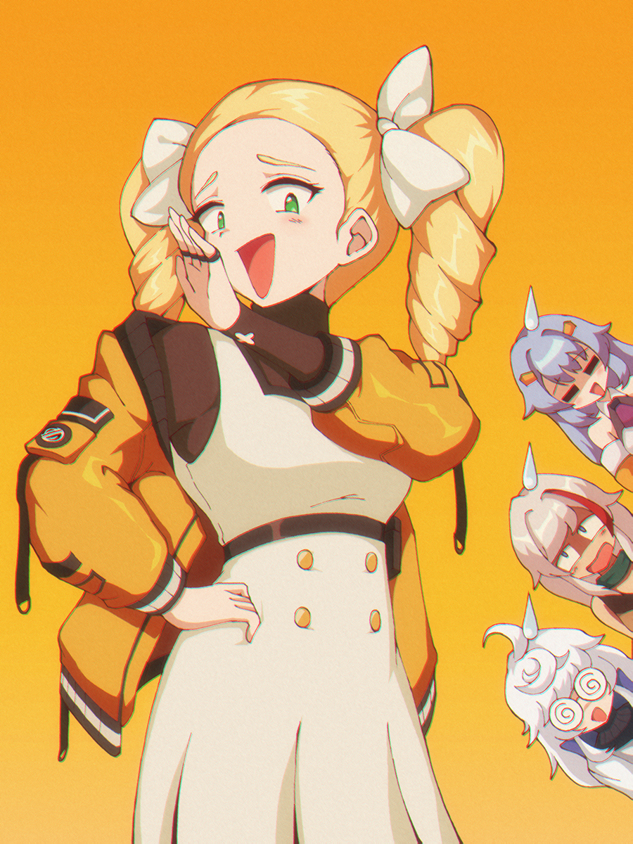 1990s_(style), 4girls, =_=, ahoge, bangs, blonde_hair, blush, chib0b, chromatic_aberration, coat, coke-bottle_glasses, dress, drill_hair, glasses, green_eyes, hair_ribbon, highres, jacket, lancer_mina, last_origin, long_hair, looking_at_viewer, mercury_(last_origin), multicolored_hair, multiple_girls, ojou-sama_pose, open_mouth, pinafore_dress, redhead, retro_artstyle, ribbon, simple_background, smile, streaked_hair, sweatdrop, sweater, tiamat_(last_origin), twin_drills, ullr_(last_origin), white_hair, yellow_background